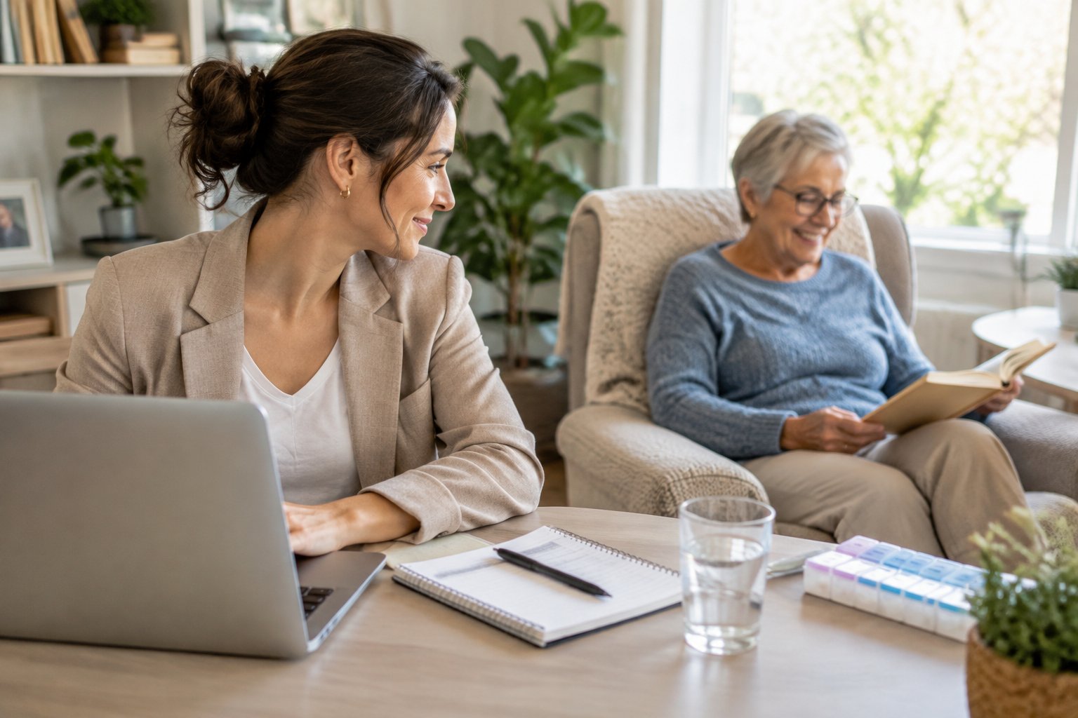 Eine Frau arbeitet am Laptop und kümmert sich zugleich um ein älteres Familienmitglied.